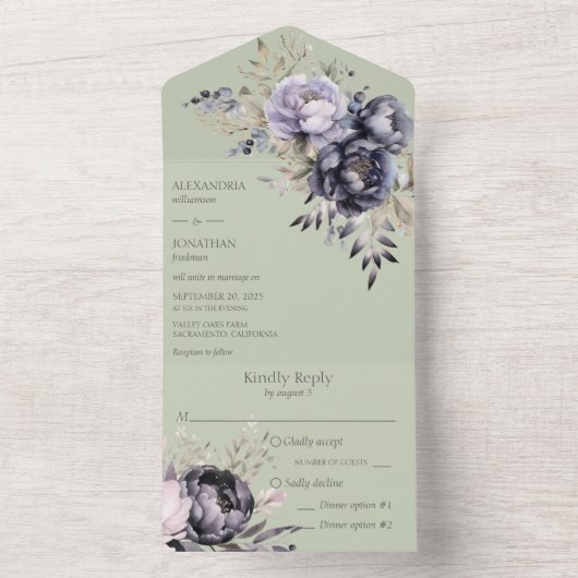 Invitation Tout En Un Flore noire et lavande sur Sage Green (À l'intérieur)