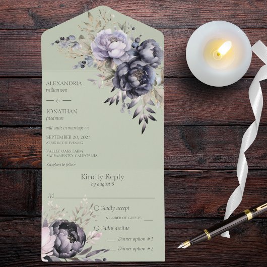 Invitation Tout En Un Flore noire et lavande sur Sage Green