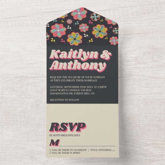 Invitation Tout En Un Flower Power Mariage Rétro Groovy des Années 70 (À l'intérieur)