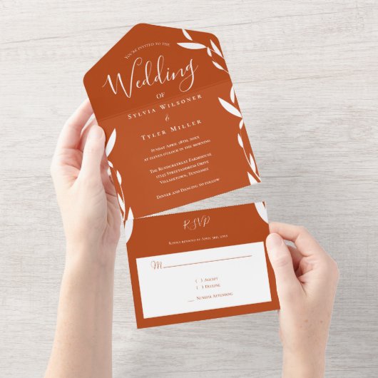 Invitation Tout En Un Foliage Burnt Orange Blanc Mariage (Déchirure)