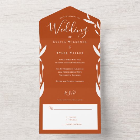 Invitation Tout En Un Foliage Burnt Orange Blanc Mariage (À l'intérieur)