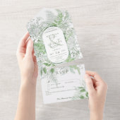 Invitation Tout En Un Foliole vert de foune moderne Blanc Pas de dîner (Déchirure)