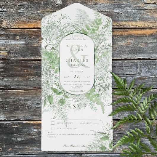 Invitation Tout En Un Foliole vert de foune moderne Blanc Pas de dîner