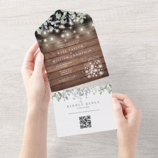 Invitation Tout En Un Folitique rustique Mason Jars Lights QR Code Maria (Déchirure)
