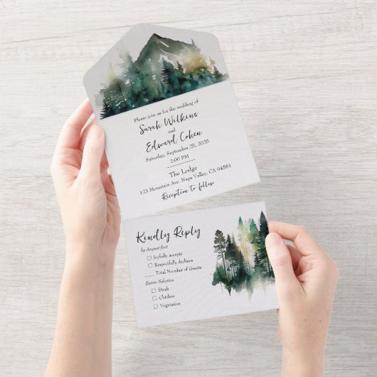 Invitation Tout En Un Forêt d'aquarelle rustique (Déchirure)