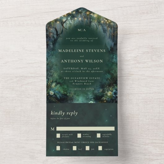 Invitation Tout En Un Forêt enchantée Fairytale Mariage vert (À l'intérieur)