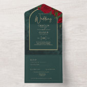 Invitation Tout En Un Forêt Vert Or ROUGE Roses Mariage d'hiver (À l'intérieur)