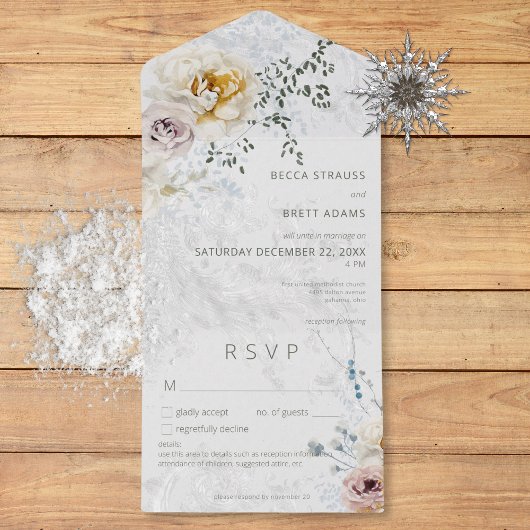 Invitation Tout En Un Frosty Winter Pastel Floral Détails Moderne