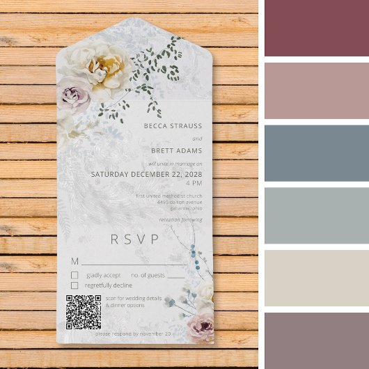 Invitation Tout En Un Frosty Winter Pastel Floral Modern QR Code