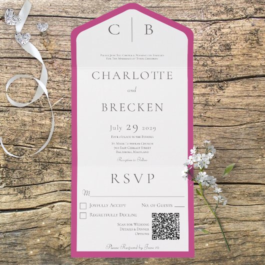 Invitation Tout En Un Fuchsia rose et blanc monogramme minimum QR Code