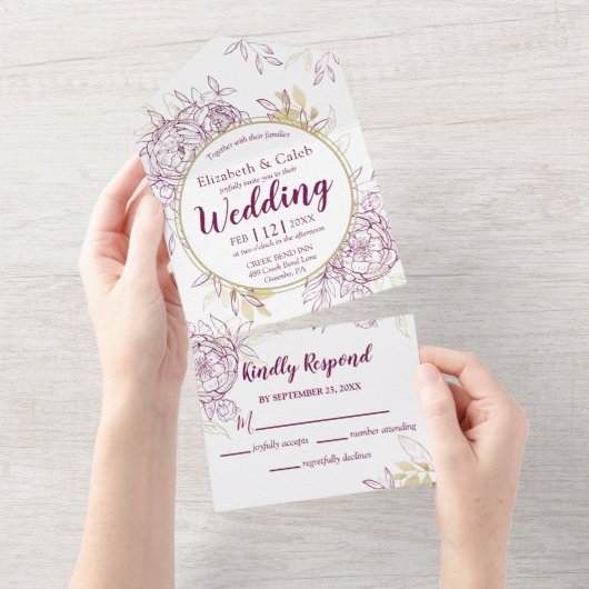 Invitation Tout En Un Fuchsia Rose & Or Peony Floral Toile Combinaison (Déchirure)