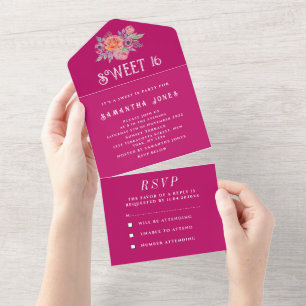 Invitation Tout En Un Fuchsia Rose Sweet 16 Floral Seize Fille Élégante