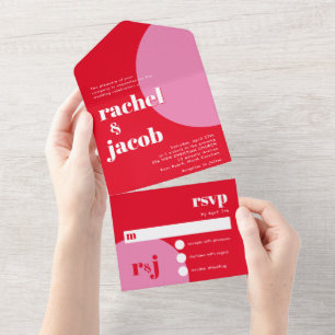 Invitation Tout En Un Fun Retro Rouge et rose Valentin Mariage