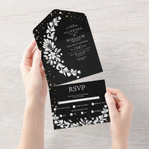 Invitation Tout En Un Garland floral noir et blanc avec mariage de coeur