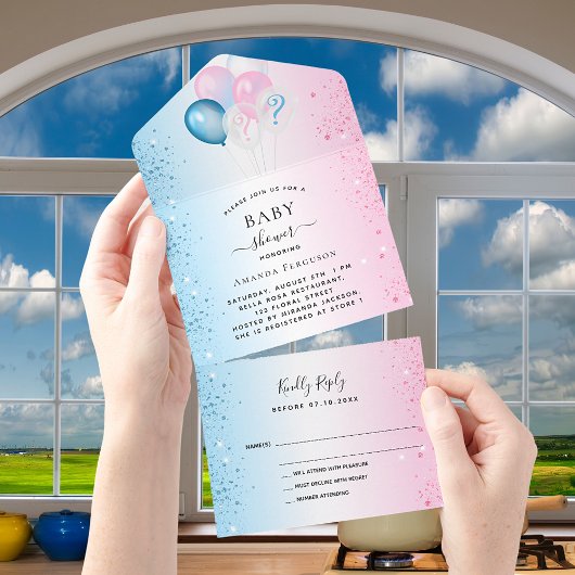 Invitation Tout En Un Genre révéler baby shower bleu rose RSVP