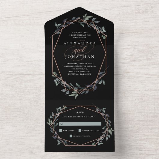 Invitation Tout En Un Geo Black vert | Mariage or Rose (À l'intérieur)