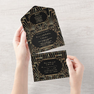 Invitation Tout En Un Glam Gold Black Great Gatsby Art Déco Anniversaire