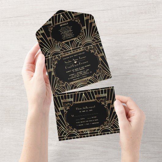 Invitation Tout En Un Glam Gold Black Great Gatsby Art Déco Mariage (Déchirure)