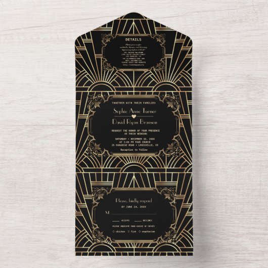 Invitation Tout En Un Glam Gold Black Great Gatsby Art Déco Mariage (À l'intérieur)