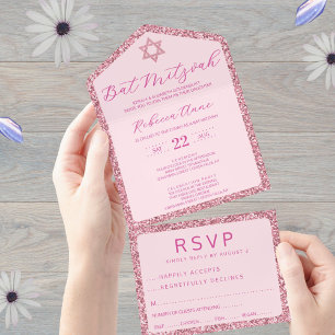 Invitation Tout En Un Glam Pink Classic Élégant Bat mitzvah RSVP