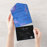 Invitation Tout En Un Glitzy Blue & Black 30th Birthday QR Code<br><div class="desc">Magnifique chic chic fête du 30ème anniversaire tout en une invitation avec QR CODE. Un bijou en pierre de rhinocéros brillant en diamant talon haute chaussure stiletto et la clé en forme de treble coloré entourent vos détails de l'événement, sur un arrière - plan bleu chic. La partie RSVP de...</div>