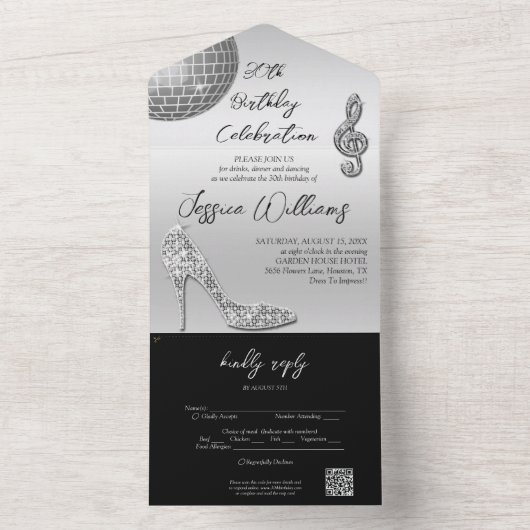 Invitation Tout En Un Glitzy Silver & Black 30th Birthday QR Code (À l'intérieur)