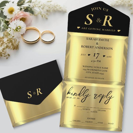 Invitation Tout En Un Gold Bar Mariage élégant