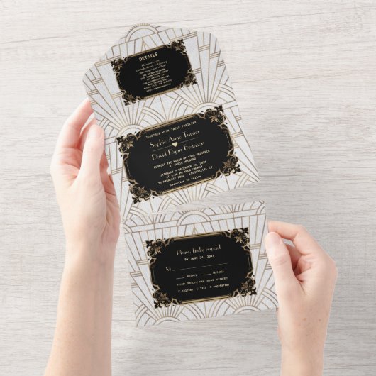 Invitation Tout En Un Gold Black White Art Déco Great Gatsby Mariage (Déchirure)