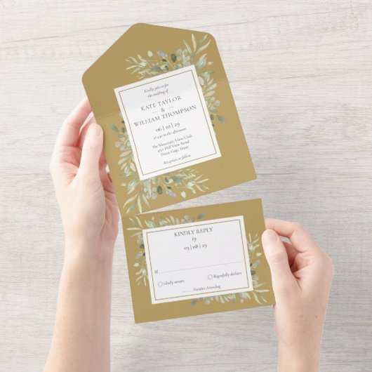 Invitation Tout En Un Gold Botanical Greenery Feuille Mariage (Déchirure)