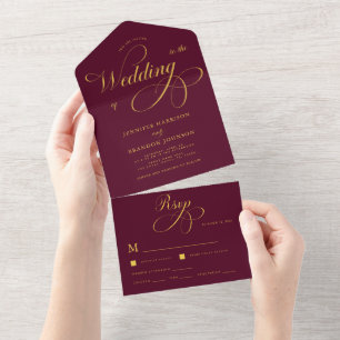 Invitation Tout En Un Gold Calligraphie Bourgogne Classy Mariage élégant