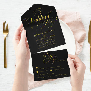Invitation Tout En Un Gold Chic Calligraphie Noir Classy Mariage élégant