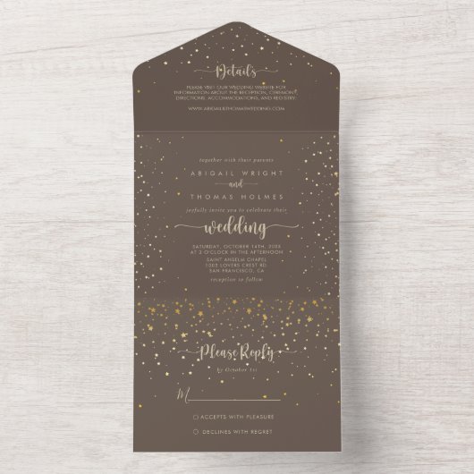 Invitation Tout En Un Gold Confetti Calligraphie Mariage Brown (À l'intérieur)