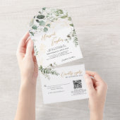 Invitation Tout En Un Gold Green Eucalyptus Monogramme QR Code Mariage (Déchirure)