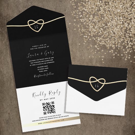 Invitation Tout En Un Gold Heart Mariage noir et blanc