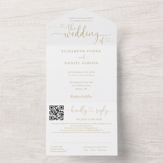 Invitation Tout En Un Gold Heart Script Moderne QR Code Mariage (À l'intérieur)