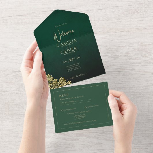 Invitation Tout En Un Gold Lace Emerald Green All-in-1 Wedding Invitatio (Déchirure)