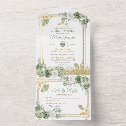 Invitation Tout En Un Gold Quinceañera Sage Couronne verte tout en un (À l'intérieur)