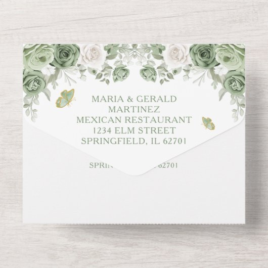 Invitation Tout En Un Gold Quinceañera Sage Couronne verte tout en un (Verso)