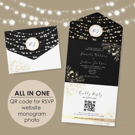 Invitation Tout En Un Gold String éclaire le Mariage noir rustique