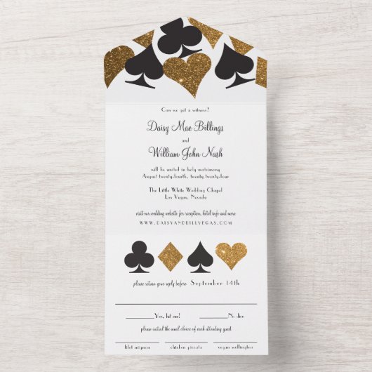 Invitation Tout En Un Gold sur White Faux Parties scintillant Las Vegas (À l'intérieur)
