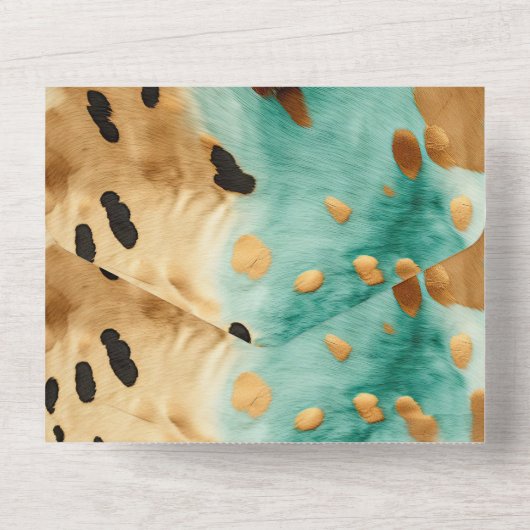 Invitation Tout En Un Gold Turquoise Mariage d'animal noir (Verso)