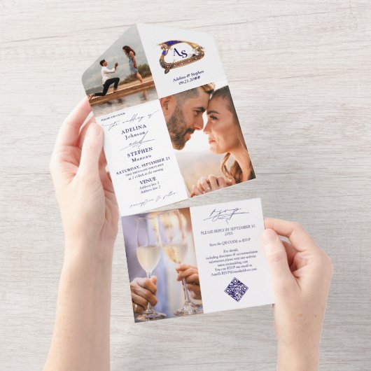 Invitation Tout En Un Gondola Monogram Crest 3 Photo QR Code Blu Mariage (Déchirure)