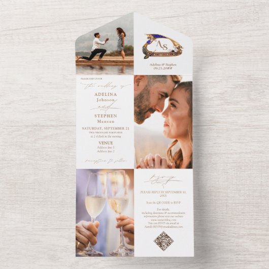 Invitation Tout En Un Gondola Monogram Crest 3 Photo QR Code Mariage (À l'intérieur)