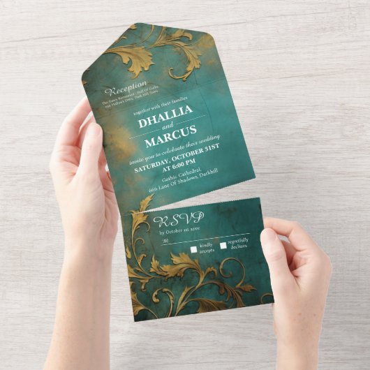 Invitation Tout En Un Goth Floral Turquoise Et Or (Déchirure)