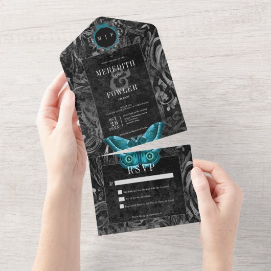 Invitation Tout En Un Gothic Black Teal Filigree Moth No Dinner Wedding (Déchirure)
