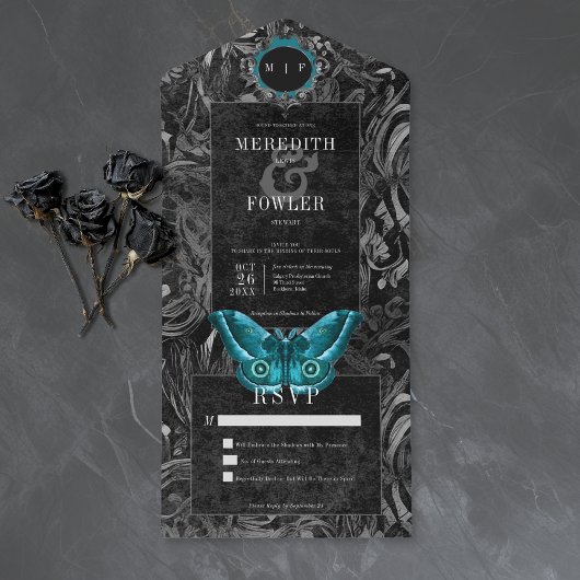 Invitation Tout En Un Gothic Black Teal Filigree Moth No Dinner Wedding