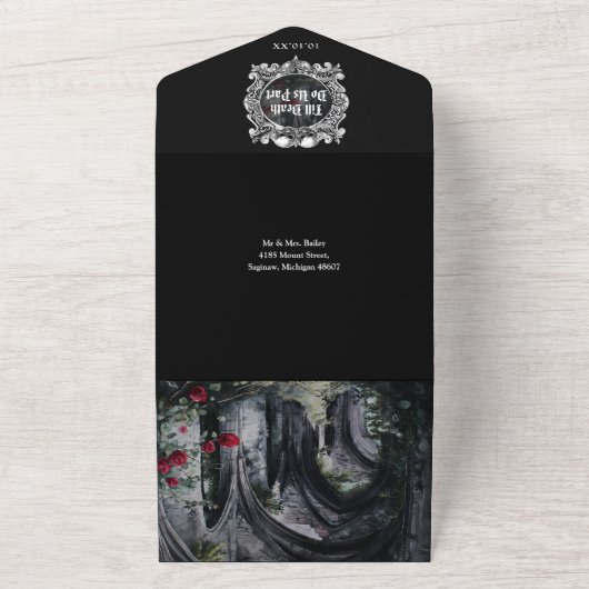 Invitation Tout En Un Gothic Ruins Monogram QR Code Wedding (Dehors)