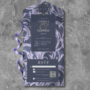 Invitation Tout En Un Gothique Antique Purple Damask QR Code Mariage
