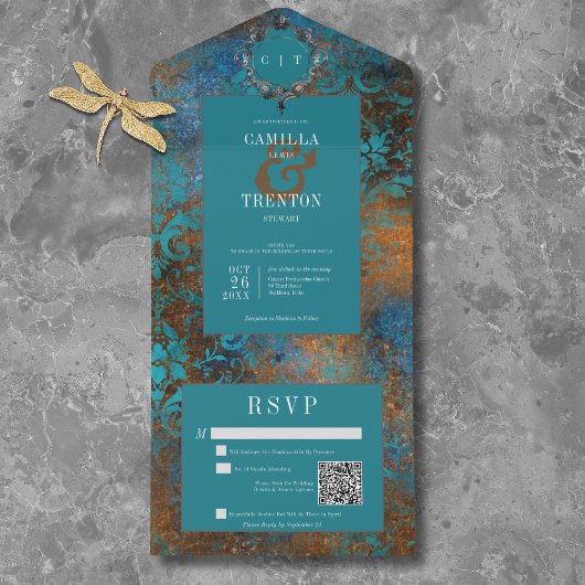 Invitation Tout En Un Gothique Antique Turquoise Gold Mariage damassé QR