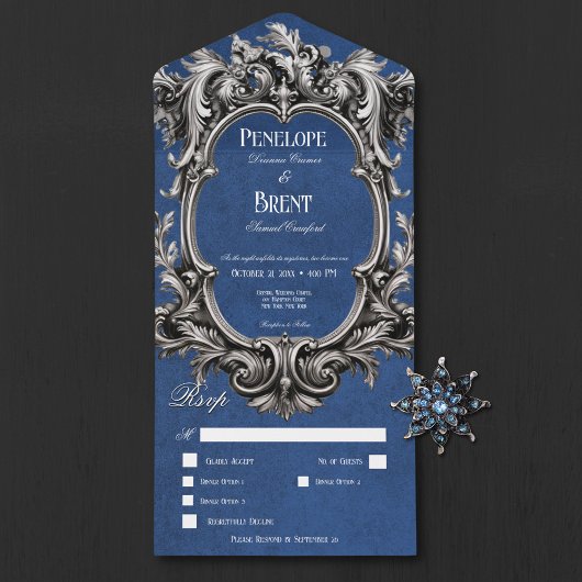 Invitation Tout En Un Gothique Blue Moody Victorian Frame Diner